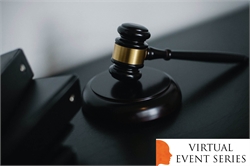 [ai] A wooden gavel with a gold band placed on a black table, alongside three black binders. The bottom right corner includes a logo labeled 'VIRTUAL EVENT SERIES'.